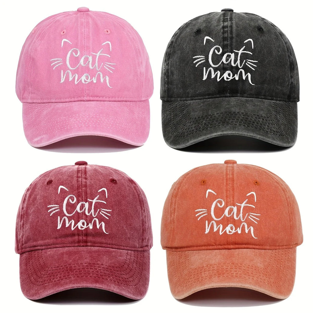 Ladies Embroidered Cat Mom Baseball Cap, Wash Cotton Adjustable Sunscreen Hat,Cartoon Theme, Birthday Gift, Outdoor Spire Caps