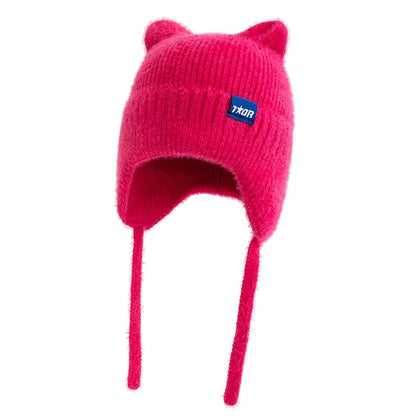 New Women Cute Cat Ear Earflap Winter Hat Fashion Windproof Knitted Hat Kpop Style Soft Beanie Hats Candy Colors Streetwear Cap