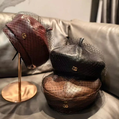 Ladies' New Mesh PU Leather Beret Outdoor Versatile Fashion Niche Artist Hats Casual Trendy Caps Suitable For All Seaso