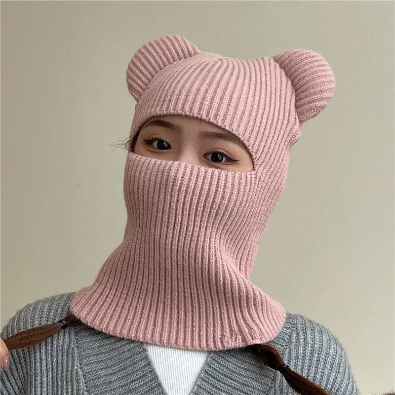 Warm Cycling Caps Winter Knitted Ski Scarf Hat Bear Ear Balaclava Hat Bonnets Beanie for Men Women Outdoor Sports Hooded