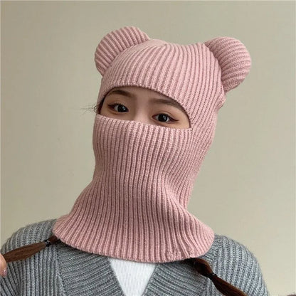 Warm Cycling Caps Winter Knitted Ski Scarf Hat Bear Ear Balaclava Hat Bonnets Beanie for Men Women Outdoor Sports Hooded