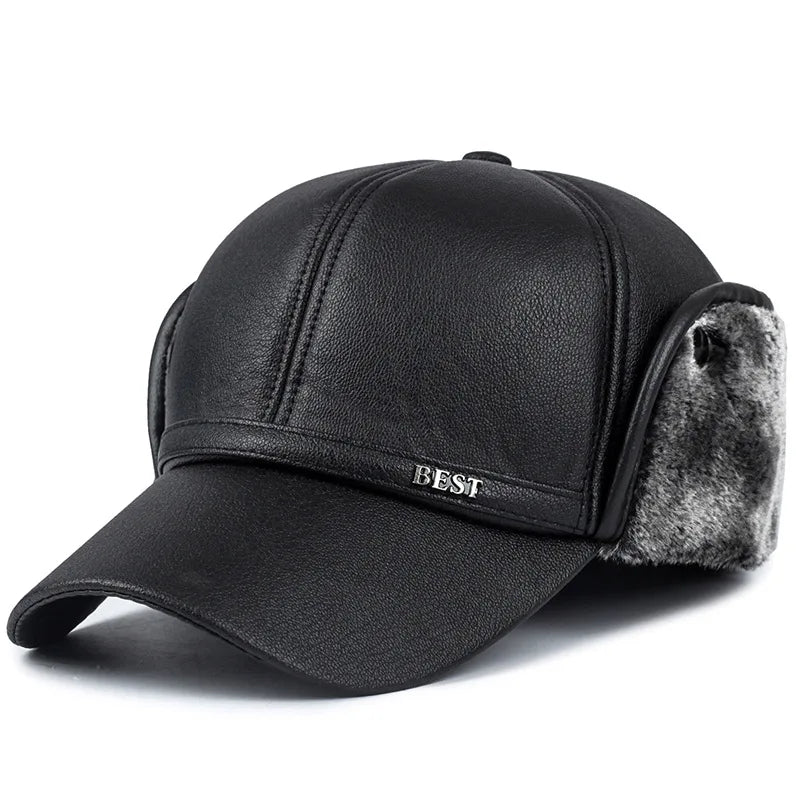 Men’s Faux Leather Baseball Cap with Ear Flaps Winter Warm Outdoor Hat