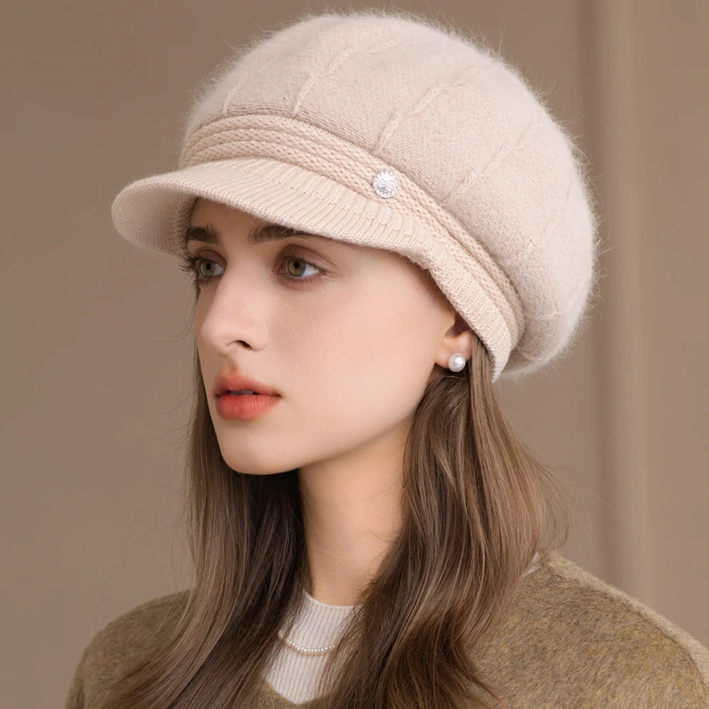 New Women Fashion Winter Hat With Brim Plush Fur Lined Chic Hats For Women Casual Rabbit Fur Blend Streetwear Knitted Cap