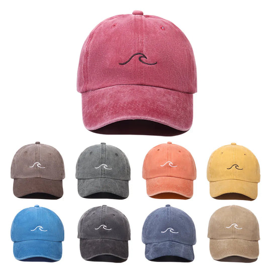 Wave Pattern Embroidered Baseball Cap For Men Women Vintage Washed Cotton Duckbill Sun Hat Outdoor Sport Distressed Dad Hats