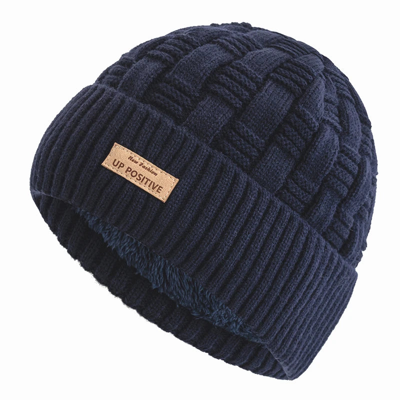 New Style Unisex UP POSITIVE Labal Winter Hats Outdoor Knitted Hats For Men Women Beanie Cap Plush Fur Lined Warm Sports Hats