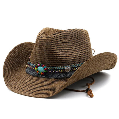 Western Cowboy Straw Hat For Men And Women Summer Bohemia Outdoor Wide Brim Sun Hats Holiday Beach Breathable Jazz Cap