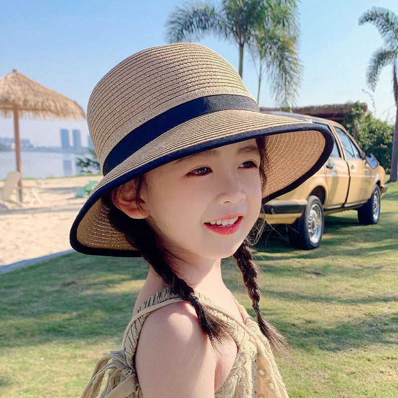 Sunscreen Hat for Spring Travel  Girls in Summer Straw Hat for UV Protection Bowtie Straw Hat
