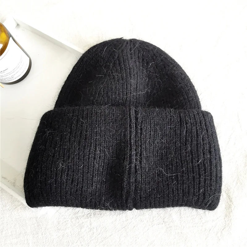 Fashion Warm Cashmere Wool Skullies Cap Angola Rabbit Fur Winter Knitted Beanies Women Female Ski Outdoor Solid Color Hats