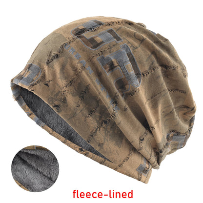 Vintage Distressed Tie-dye Beanie Women Foam 3D Letter Printing Hats Men Spring Fall Skullies Beanies Winter Warm Fleece-lined