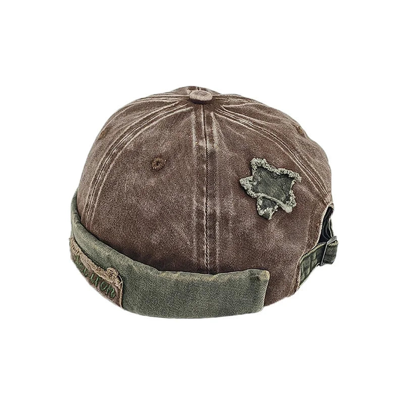 Unisex Washed Brimless Docker Cap – Star Splicing Letter Adjustable Vintage Hip Hop Beanie Hat