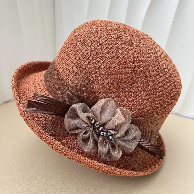 Hat for Women's New Summer Round Top Curled Edge Top Hat Sun Protection BreathabeMiddle-aged and Elderly Mothers Sun Hat Party