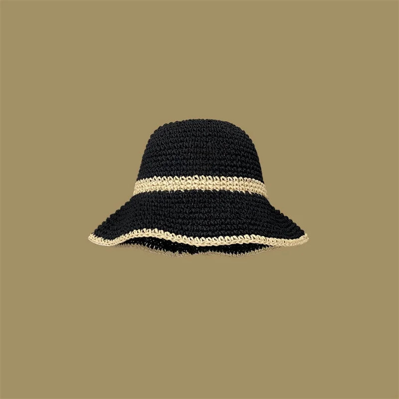 Unisex Wavy Brim Straw Hat – Foldable Beach Bucket Panama Fisherman Sun Hat (Wide Brim)