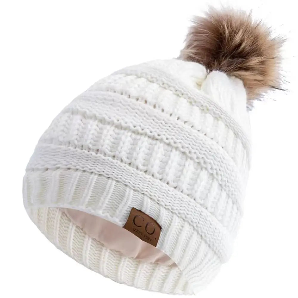 New Anti-Static Beanie Hat Satin Lined Faux Fur Pom Pom Beanies Hat For Woman Winter Warm Knit Hats