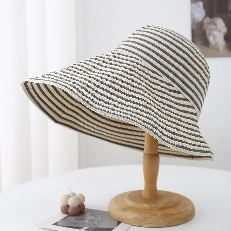 Women's Summer Wide Brim Sun Hat Striped Black & Beige Adjustable Asymmetrical Sunhat Beach Accessories Foldable New