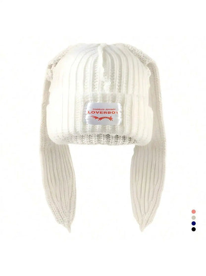 Winter Knitted Hats For Women Cute Rabbit Ear Soft Warm Thick Acrylic Luxury Brand Label Beanies Skullies Personality Casual Cap