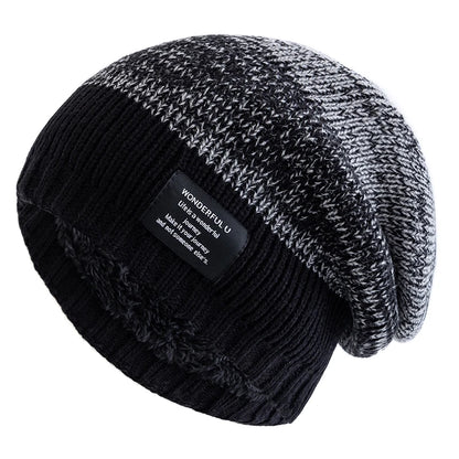 Hot Sale Women Slouchy Winter Hats Plush Fur Lined Beanie Cap Female Winter Mixing Color Label Decor Knitted Hats