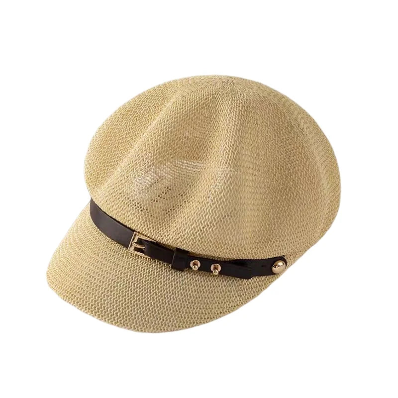 Hollow Breathable Leather Buckle Octagonal Hat  Classic Woven Straw Hat Casual Versatile Literary Sunshade Painter Hat