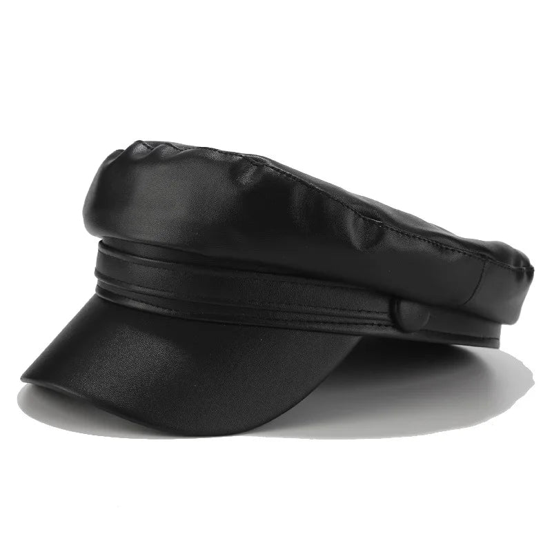 Ins Style Beret Military Cap Women Casual Flat Hats Captain Cap Trucker Fashion Pu Leather Travel Cadet Painter's Octagonal Hat