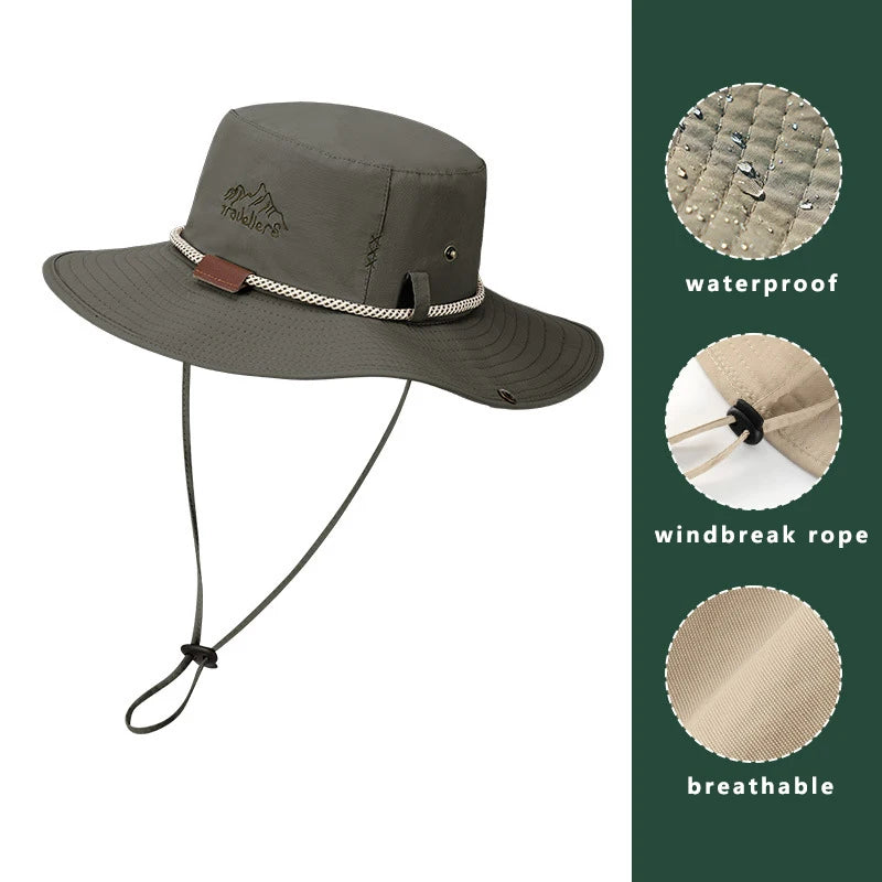 Men Bucket Hat Summer Leather Rope Chain Sun Hat Waterproof Outdoor Hiking Fishing Cap Uv Protect Cowboy Hat Sunshade Breathable