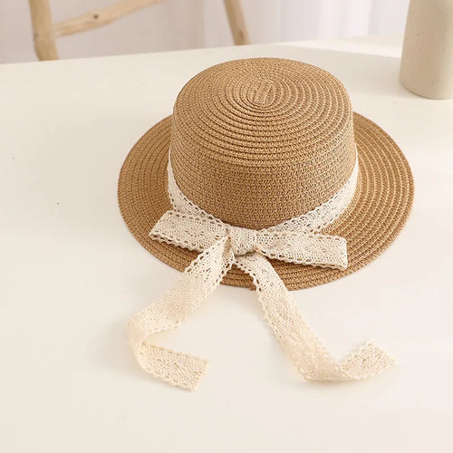 Cute Bow Lace Girls Straw Hat Spring Summer Breathable Sunshade Kids Sun Hat Outdoor Travel UV Protection Children Panama Cap