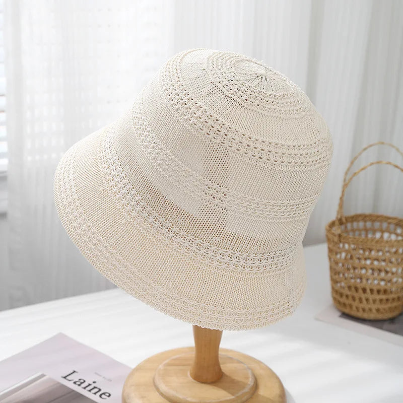 Spring Summer Hat Women Hollow Breathable Knitted Bucket Hat Casual Sunshade Sunhat Solid Simple 2025 New Bob Cap Female