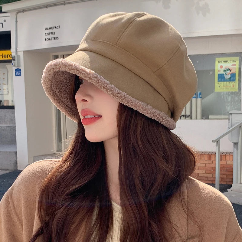 Beret Hat Women Winter Octagonal Hats For Women Retro Solid Color Velvet Newsboy Cap Female Keep Warm Gorro New Bucket Hat