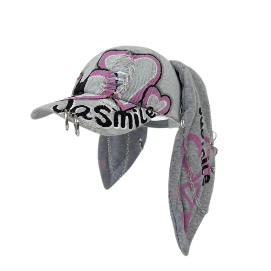 Korean Fashion Baseball Cap For Punk Ripped Retro Denim Jeans Graffiti Cool Long Rabbit Ear Street Hip Hop Sun Hats Visors