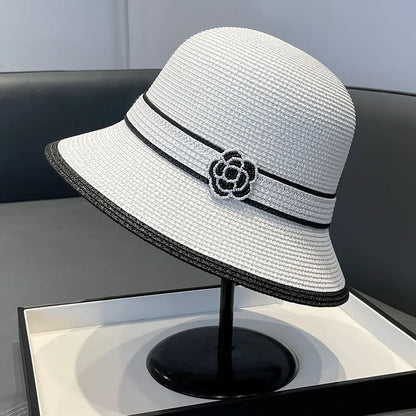 Women's New Straw Camellia Bucket Hat Spring and Summer Japanese Elegant Sunscreen Hat Straw Hat