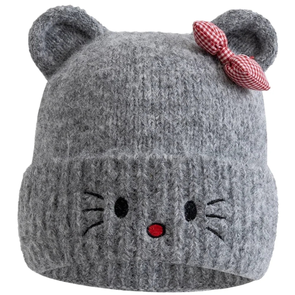 Hot Sale Women Loose Beanie Hat With Cute Cat Ear Lovely Bow Style Winter Knitted Hats For Female Streetwear Winter Hat