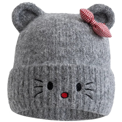Hot Sale Women Loose Beanie Hat With Cute Cat Ear Lovely Bow Style Winter Knitted Hats For Female Streetwear Winter Hat