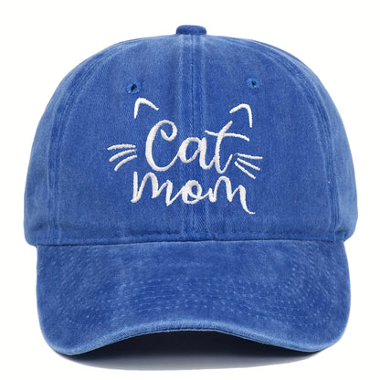 Ladies Embroidered Cat Mom Baseball Cap, Wash Cotton Adjustable Sunscreen Hat,Cartoon Theme, Birthday Gift, Outdoor Spire Caps