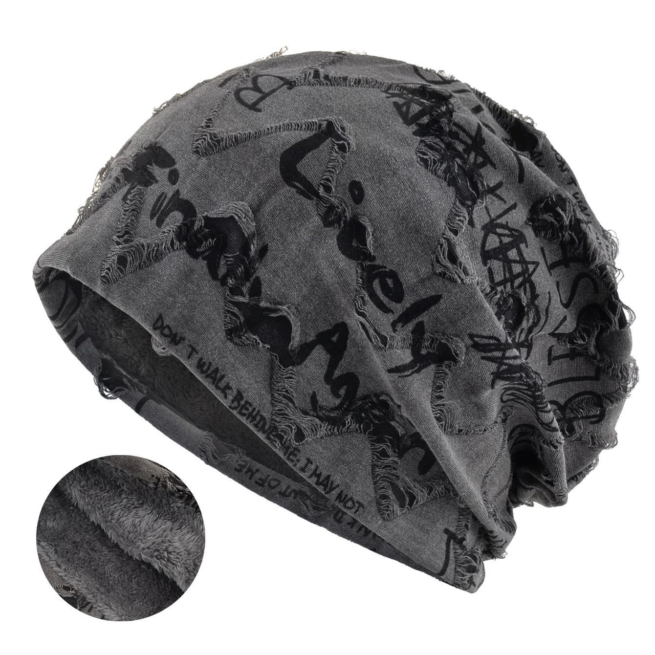 Winter Warm Fleece-lined Beanie Hat For Women Men Vintage Letter Print Distressed Cracked Design Beanie Outdoor Sport Casual Hat