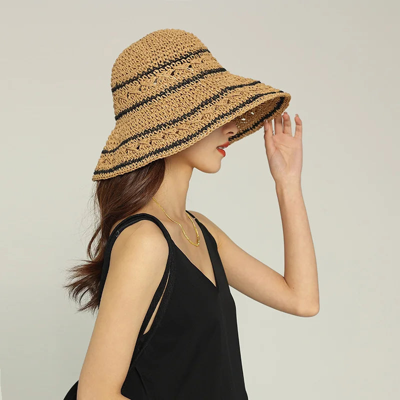 Vintage Wide Brim Sun Hat Spring Summer Women Foldable Simple Straw Hat Outdoor Travel Beach UV Protection Bucket Hat Panama Cap