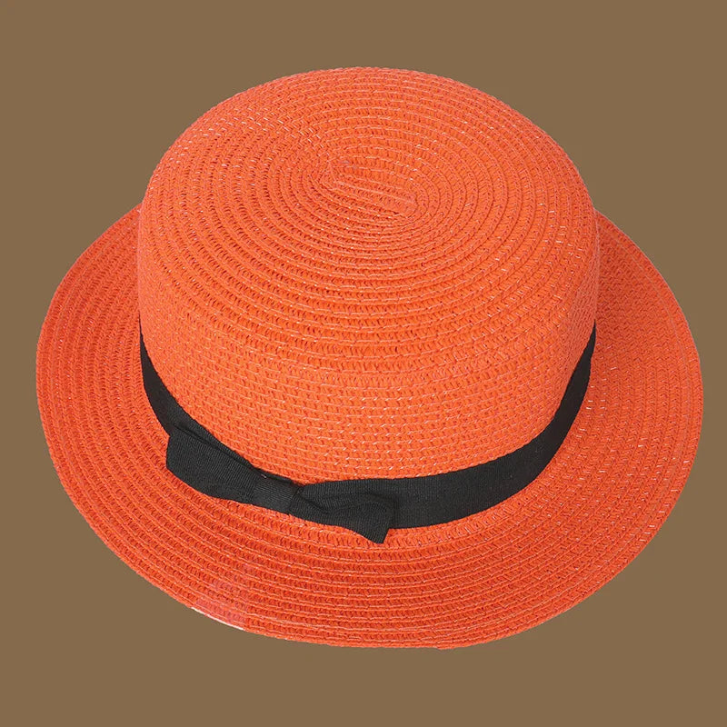 Spring and Summer New Straw Knitted Bow Straw Hat Korean  Fashion and Leisure Foldable Beach Flat Top Short Eaf Straw Hat
