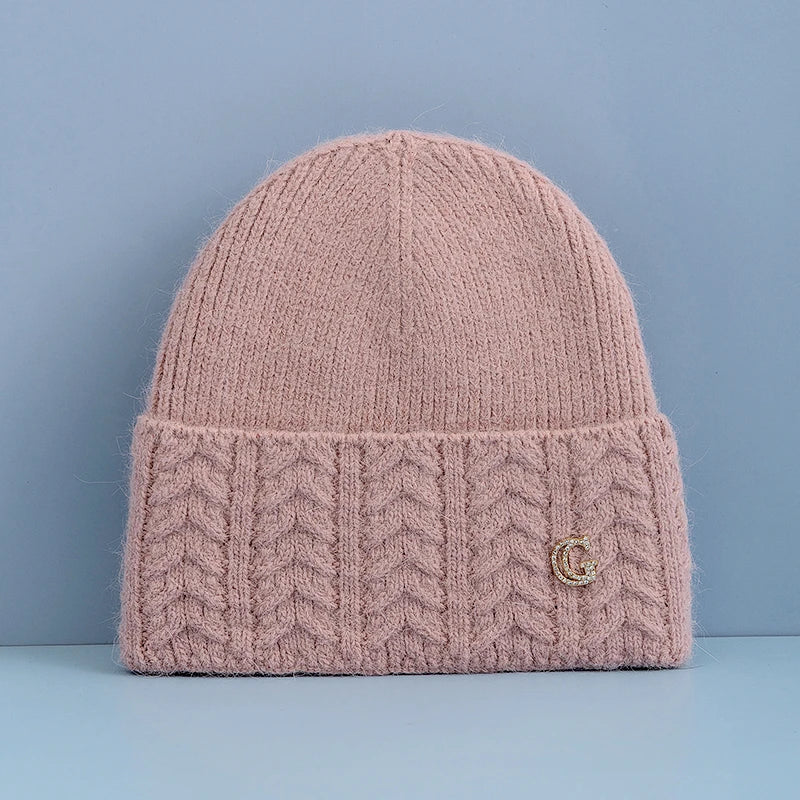 New Style Simple Chic Winter Hat G Letter Decor Rabbit Fur Beanie Elegant Winter Hats For Women Candy Colors Warm Knit Hats
