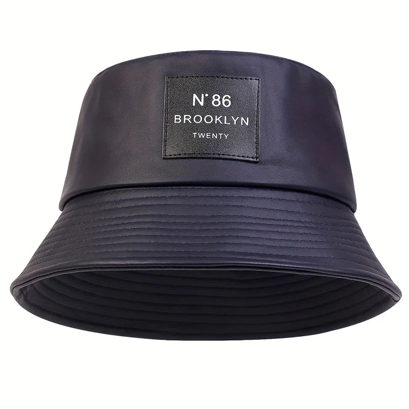 Unisex Brooklyn Panama Bucket Hat PU Leather Fisherman Hat Outdoor Travel Sunscreen Hats for Men Women