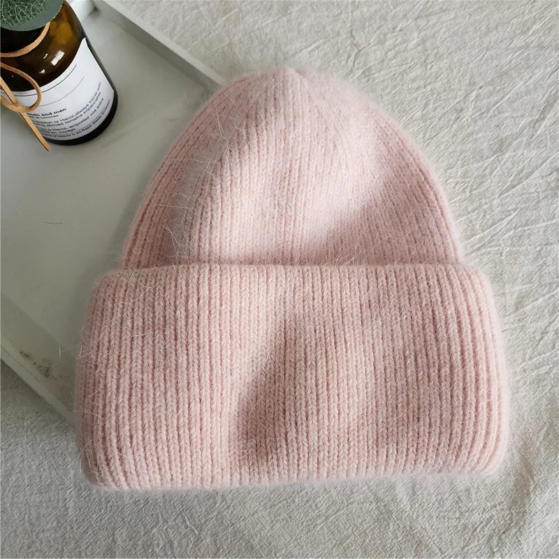 Fashion Warm Cashmere Wool Skullies Cap Angola Rabbit Fur Winter Knitted Beanies Women Female Ski Outdoor Solid Color Hats