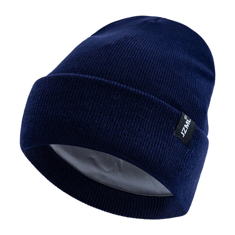 New Style JZML Letter Plush Satin Lined Anti-Static Beanie Hat Autumn&Winter Hats For Men And Women Outdoor Knitted Hats
