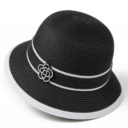 Spring Summer Straw Hat for Women Camellia Luxury Brand Bucket Hat Elegant Floral Elegant Straw Travel Beach Panama  Cap Sun Hat