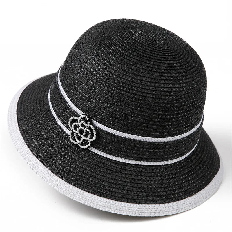 Women's Spring and Summer British Houndstooth Top Hats Seaside Sun Protection Beach Sun Hats Vacation Casual Top Hats