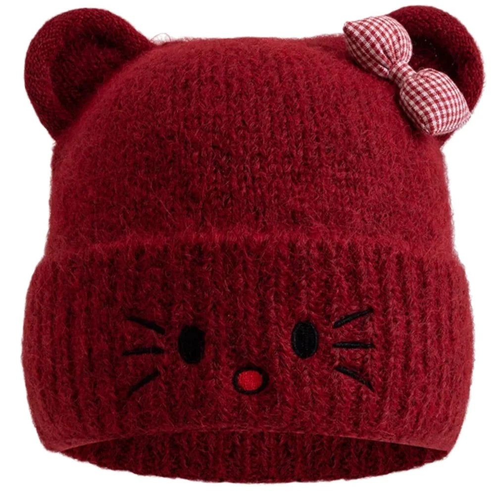 Hot Sale Women Loose Beanie Hat With Cute Cat Ear Lovely Bow Style Winter Knitted Hats For Female Streetwear Winter Hat