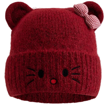 Hot Sale Women Loose Beanie Hat With Cute Cat Ear Lovely Bow Style Winter Knitted Hats For Female Streetwear Winter Hat