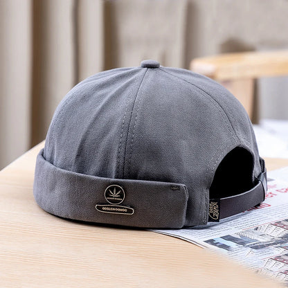 Unisex Vintage Docker Cap – Shark Embroidery Brimless Cotton Beanie Adjustable Dome Sun Hat