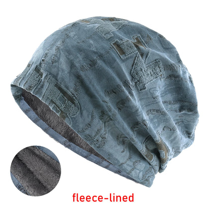 Vintage Distressed Tie-dye Beanie Women Foam 3D Letter Printing Hats Men Spring Fall Skullies Beanies Winter Warm Fleece-lined