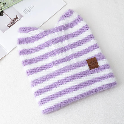New Style Lovely Hat Cat Ear Beanie Cap Winter Hats For Women Y2K All Stripes Fashion Outdoor Warm Hat Beanie Warm Cap For Girl