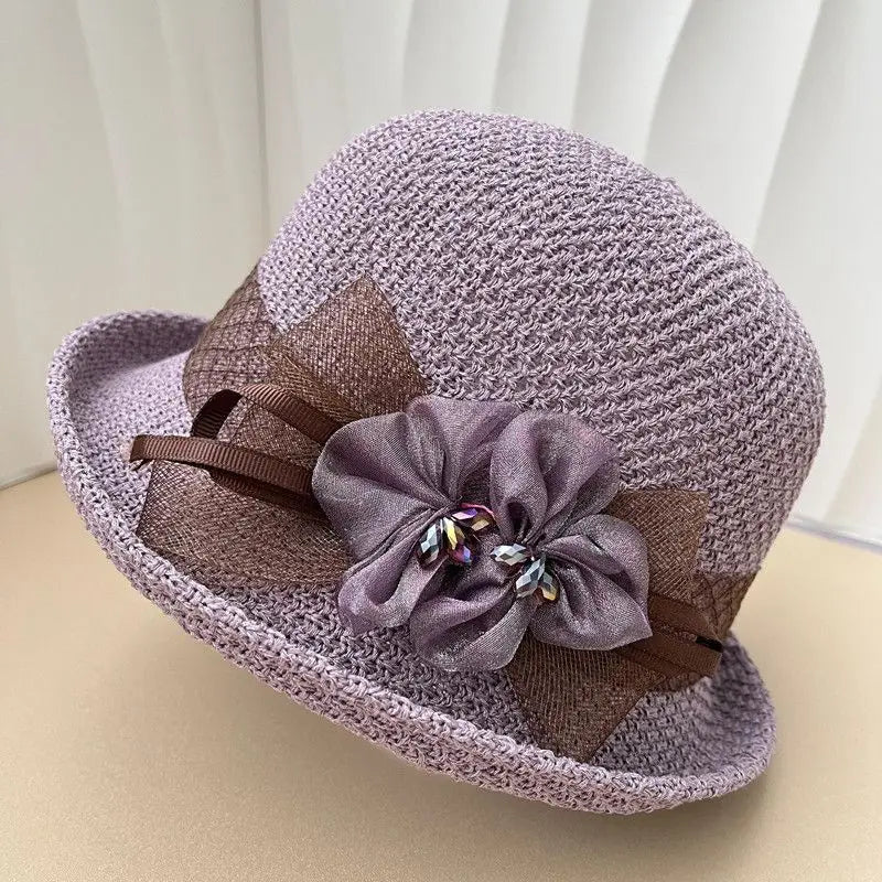 Hat for Women's New Summer Round Top Curled Edge Top Hat Sun Protection BreathabeMiddle-aged and Elderly Mothers Sun Hat Party