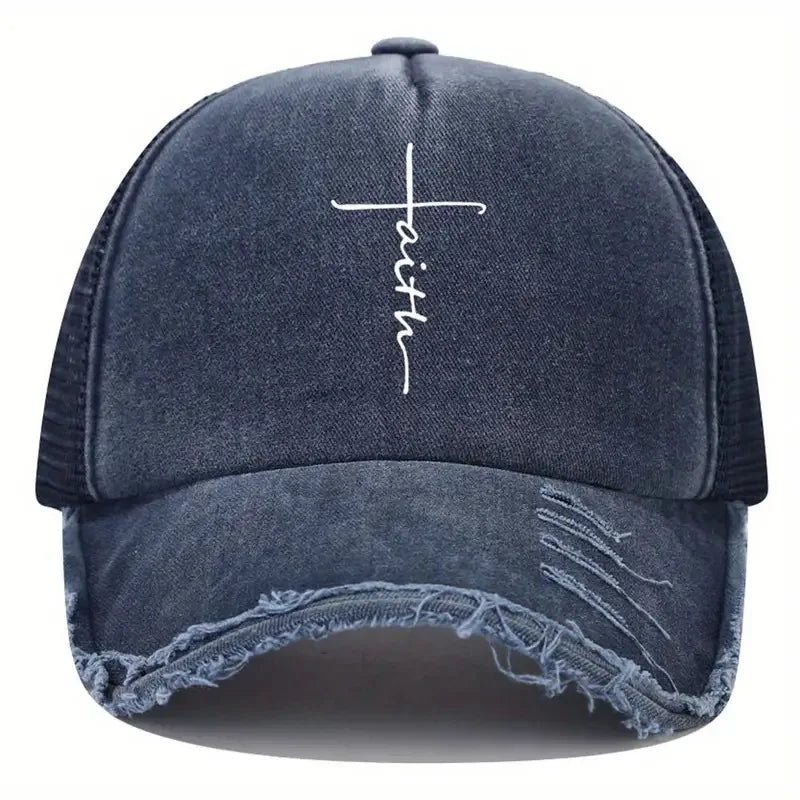 Sponge Washed Cotton Faith Print Baseball Cap Women Men Summer Mesh Breathable Trucker Duckbill Hat For Outdoor Tourism Leisur