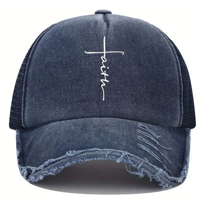 Sponge Washed Cotton Faith Print Baseball Cap Women Men Summer Mesh Breathable Trucker Duckbill Hat For Outdoor Tourism Leisur