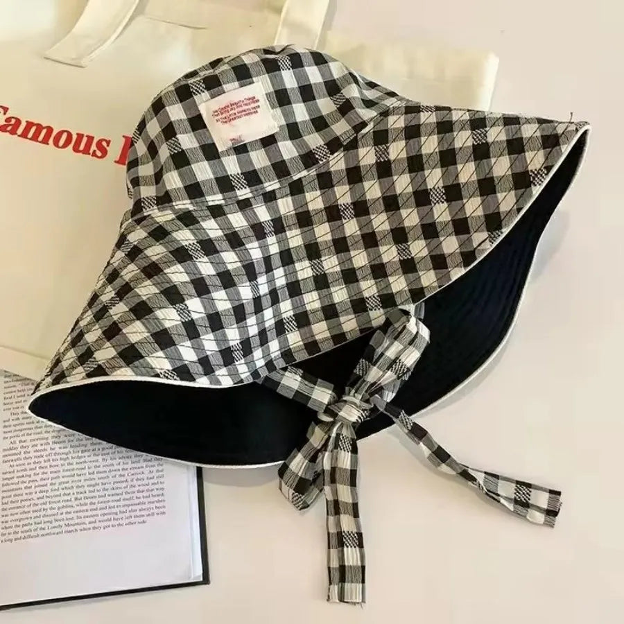 Korean Version Stripe Wide Edge Strap Bucket Hat Sunscreen Hat Women's Basin Hats Summer Big Brim Showing Face Small Sun Hats