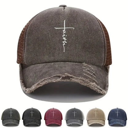 Sponge Washed Cotton Faith Print Baseball Cap Women Men Summer Mesh Breathable Trucker Duckbill Hat For Outdoor Tourism Leisur